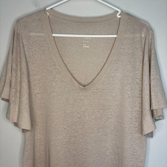 A NEW DAY Linen Blend Tee Womens L Tan Flutter Sleeve V-Neck 52% Linen - Picture 1 of 7